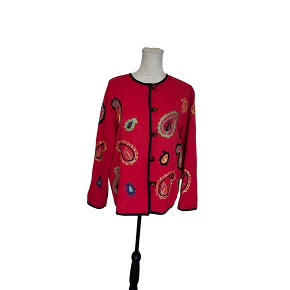 Vintage Allure Red Paisley Embroidered Button Up Jacket XL Wearable Art Shacket - Picture 9 of 11
